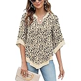 Micoson Womens 3/4 Sleeve Chiffon Blouses V Neck Double Layers Mesh Shirts Flowy Dressy Tunic Tops