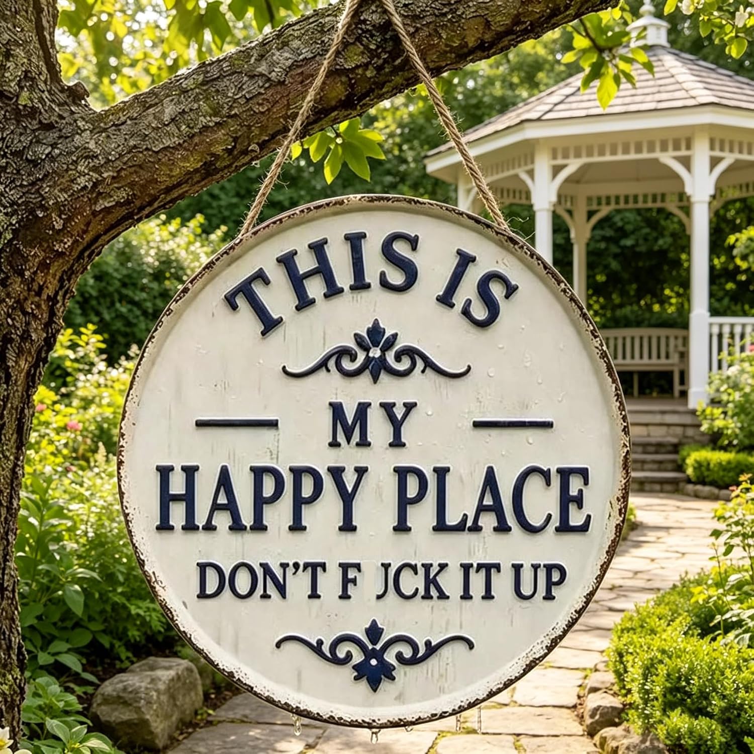 This is My Happy Place Sign,“This is My Happy Place Don’t FXXK It Up” Round Garden Wall Decor,Funny Garden Metal Sign,Outdoor Terrace Hanging Sign,for Front Door (Large(16 inch))