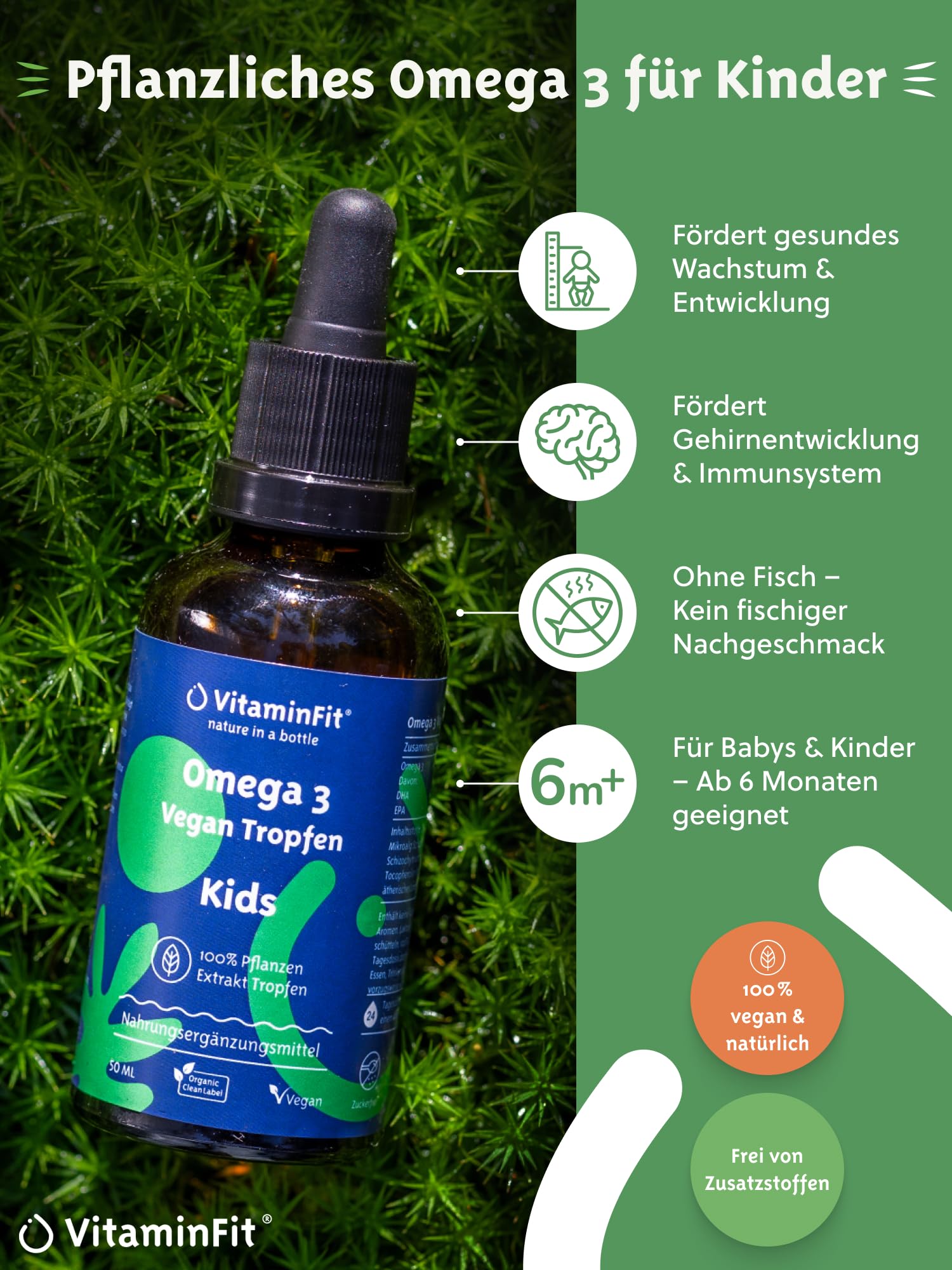 Omega-3 Tropfen Vegan für Kinder – ohne Fischgeschmack – DHA & EPA – Omega-3-Öl aus nachhaltiger Algengewinnung 250 mg DHA und 100 mg EPA pro Tag – hohe Dosierung – Vorrat für 2 Monate (50 ml) 2