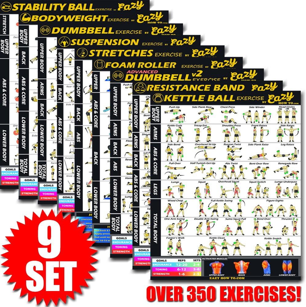 Eazy How To Multi Pack Bundle Exercise Workout Poster BIG 51 x 73cm Train Endurance, Tone, Build Strength & Muscle Home Gym Chart - Premium