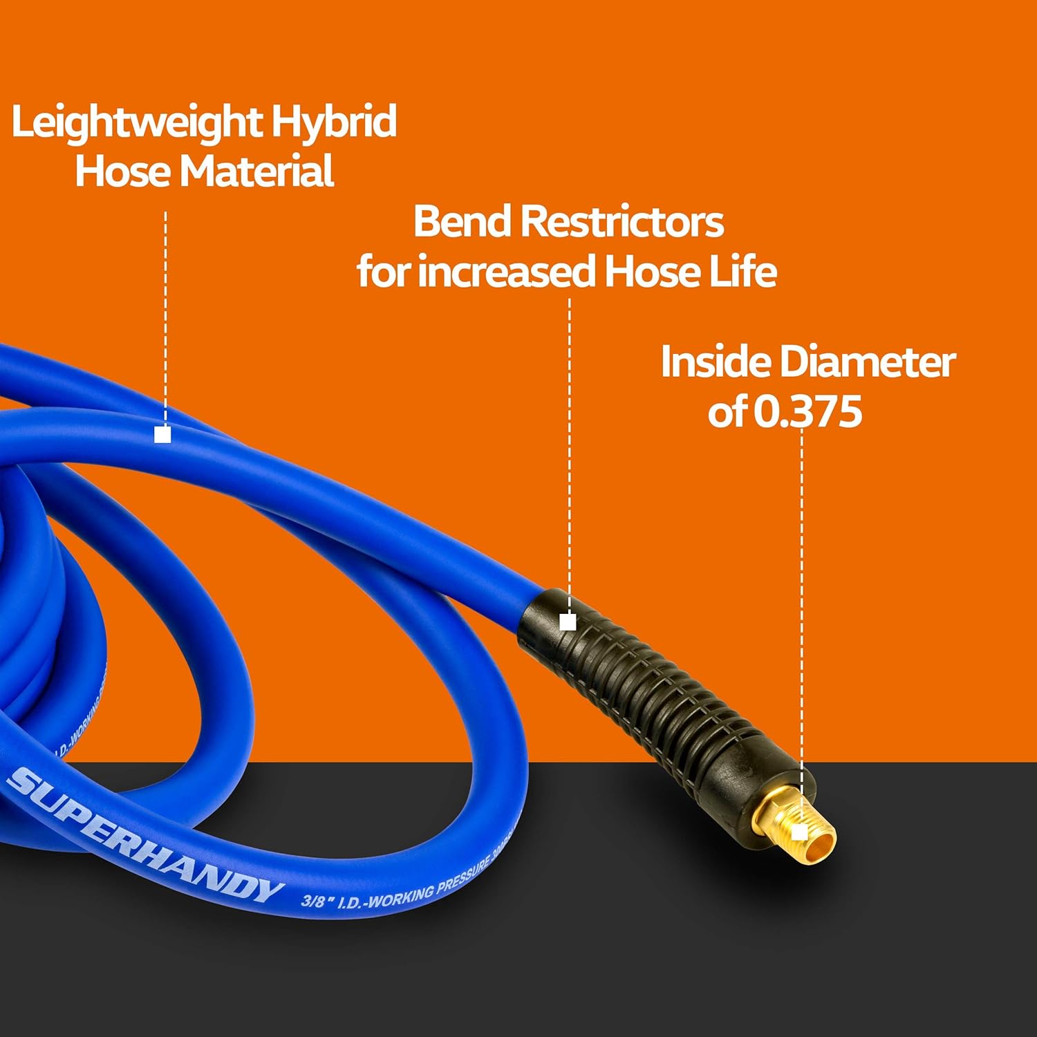 SuperHandy Air Hose Hybrid Polymer 9.2mm(3/8") x 15m(50'ft) with 3/8" BSPT Fitting, 3/8x 50’ Ft. (Blue) Ultra Flex Hybrid Polymer Hose - Image 5