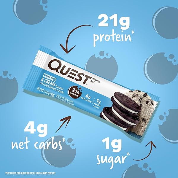 QUEST NUTRITION COOKIES & CREAM PROTEIN BARS, 21G PROTEIN, 4G NET CARBS, 1G SUGAR, GLUTEN FREE, KETO FRIENDLY, 4 COUNT