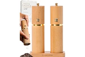Styled Settings Wooden Salt and Pepper Grinder Set with Gold Accents – Set of Two Refillable Wooden Manual Grinders with Adju