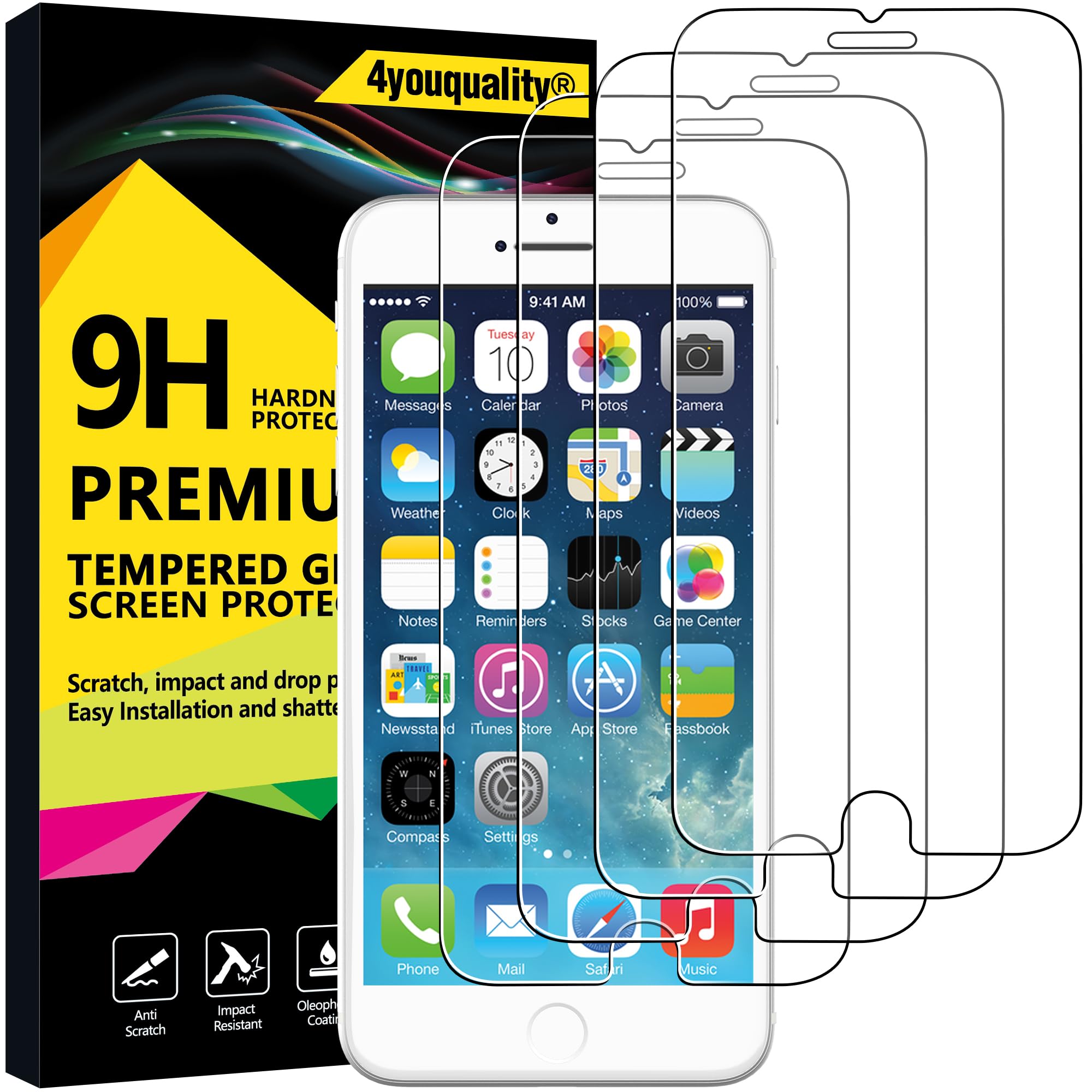 4youquality [4-Pack Screen Protector for iPhone 6 Plus / 6S Plus [5.5-Inch], Tempered Glass Film, [LifetimeSupport][Anti-Scratch][Anti-Shatter]