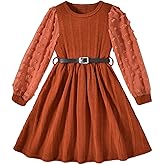 Little Girls Fall Winter Puff Long Sleeve Swiss Dot Dresses A-Line Knit Dress with Belt for Kids Size 4-12