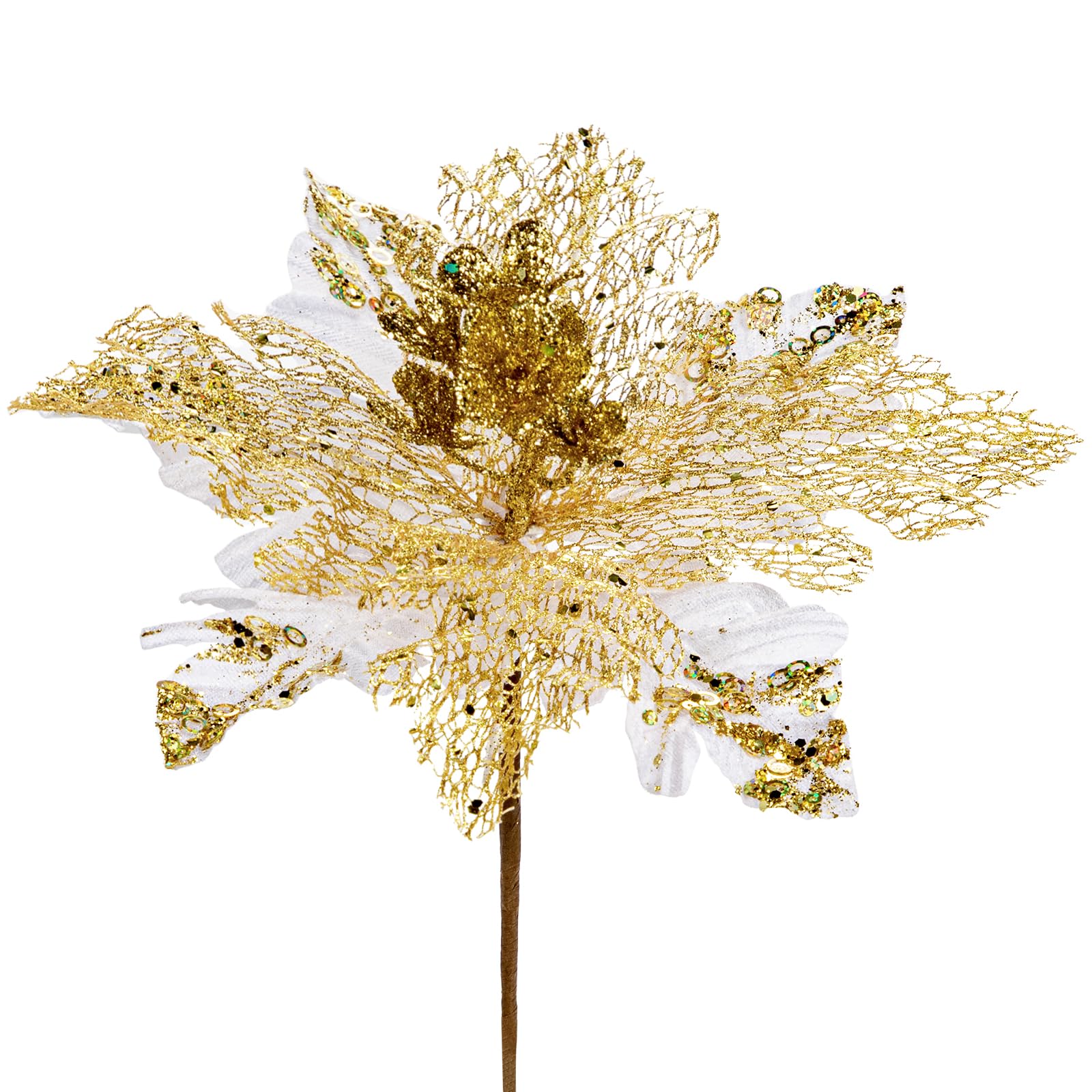 Arborus 6PCS Artificial Flowers Christmas Glitter Poinsettia 11.4" Artificial Large Christmas Flowers Xmas Tree Decorations White Poinsettia Christmas Decorations for Xmas Garland Wreath DIY Decor — image 1