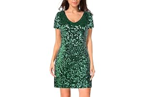 MANER Women's Sequin Glitter Short Sleeve Dress Sexy V Neck Mini Party Club Bodycon Dresses
