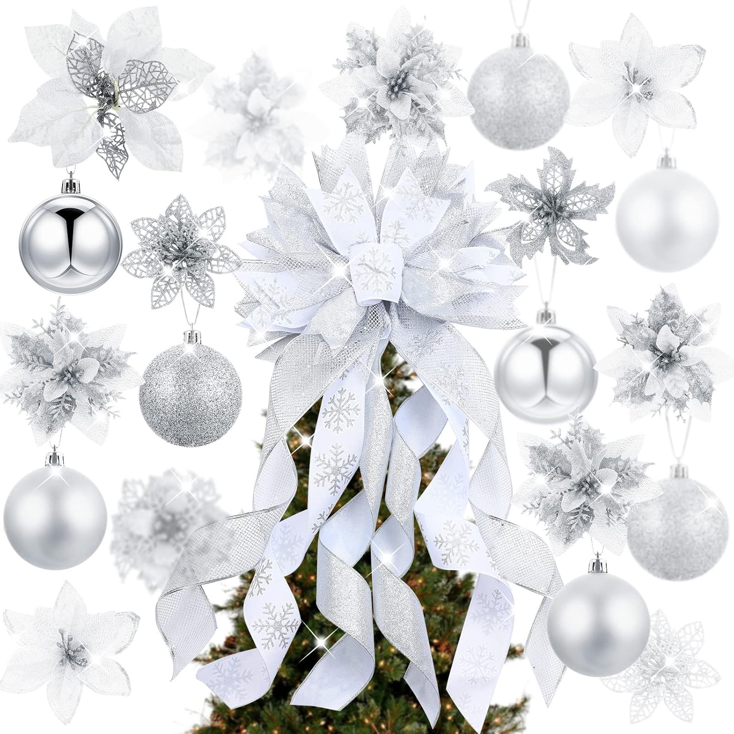Tree Toppers - Youyole Christmas Tree Decorating Set Includes 37 Pcs Poinsettia Glitter Flowers with Clip, Christmas Ball, Christmas Tree Topper Bow for Christmas Home Decoration (Silver)