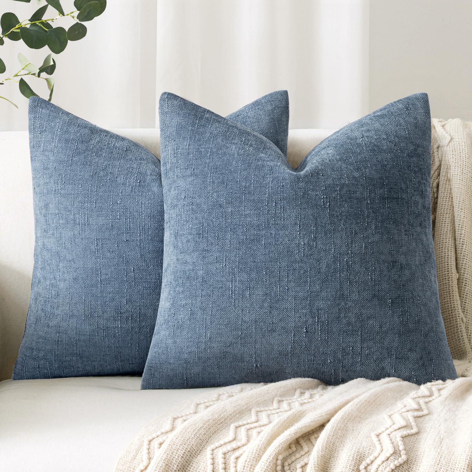 Photo 1 of Woaboy Set of 2 Textured Throw Pillow Covers Decorative Soft Accent Square Chenille Pillowcases Neutral Farmhouse Cushions Modern Home Decor for Couch Sofa Bedroom Living Room 18x18 Inch,Blue Gray