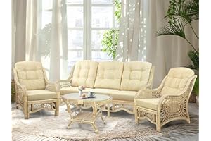 WICKERIX Malibu Lounge Set of 4: 2 Natural Rattan Wicker Chairs, Three-Seater Sofa with Cushions and Coffee Table with Glass Handmade, Natural (Cream Cushions)