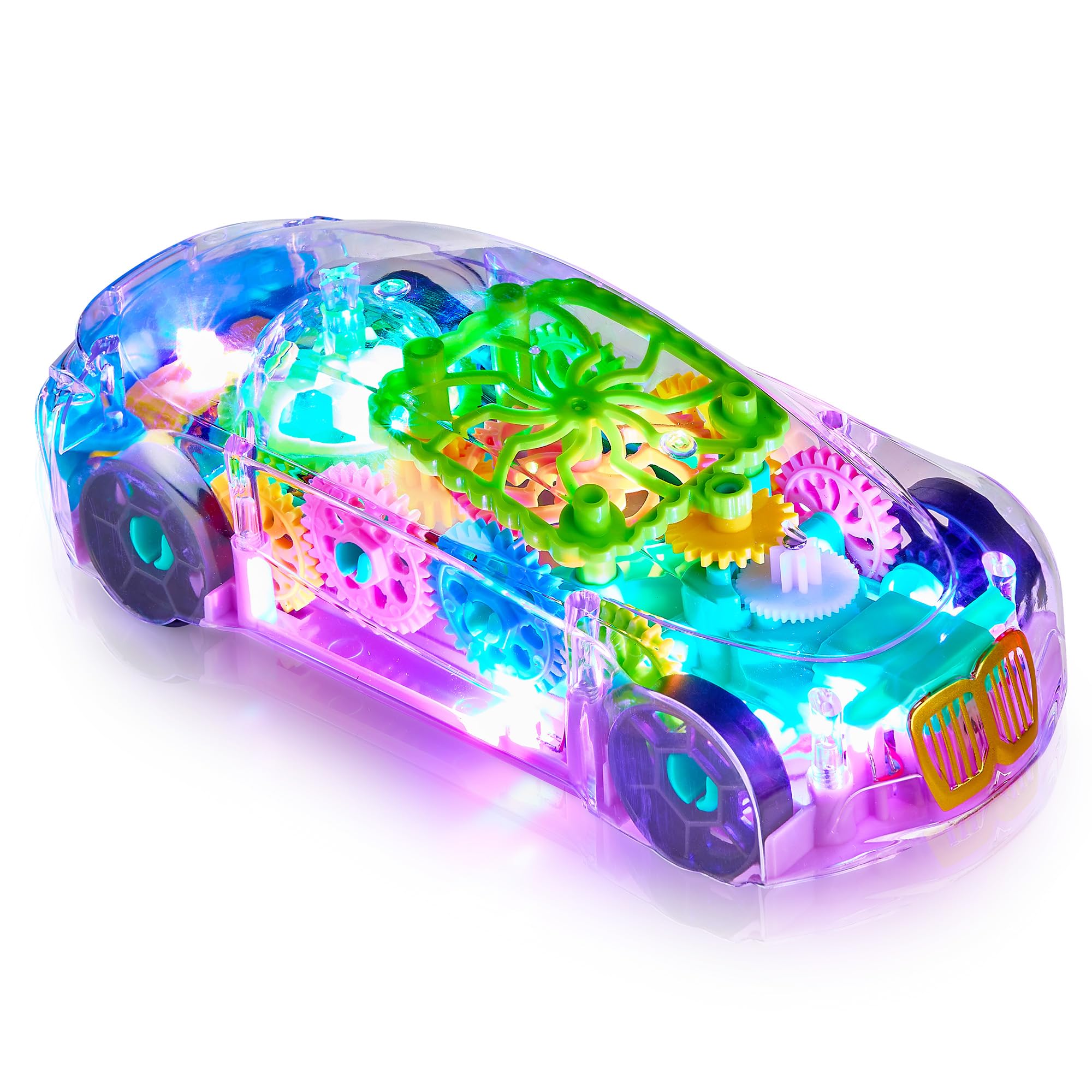 Playbees Light-Up Transparent Car Toy, Toys for Autistic Kids Ages 3-5 Sensory Toy for Kids with Autism Special Needs Toys, Bump and Go Toys for Toddlers Music and LED Effects Great Gift Idea