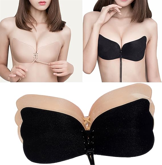Amazon ブラ 谷間メイク 脇肉キャッチ ひも付き シリコンブラ 粘着力アップ 肌に優しい 通気性抜群 ブラジャー ドレスインナー Aカップ 黒い ブラジャー 通販