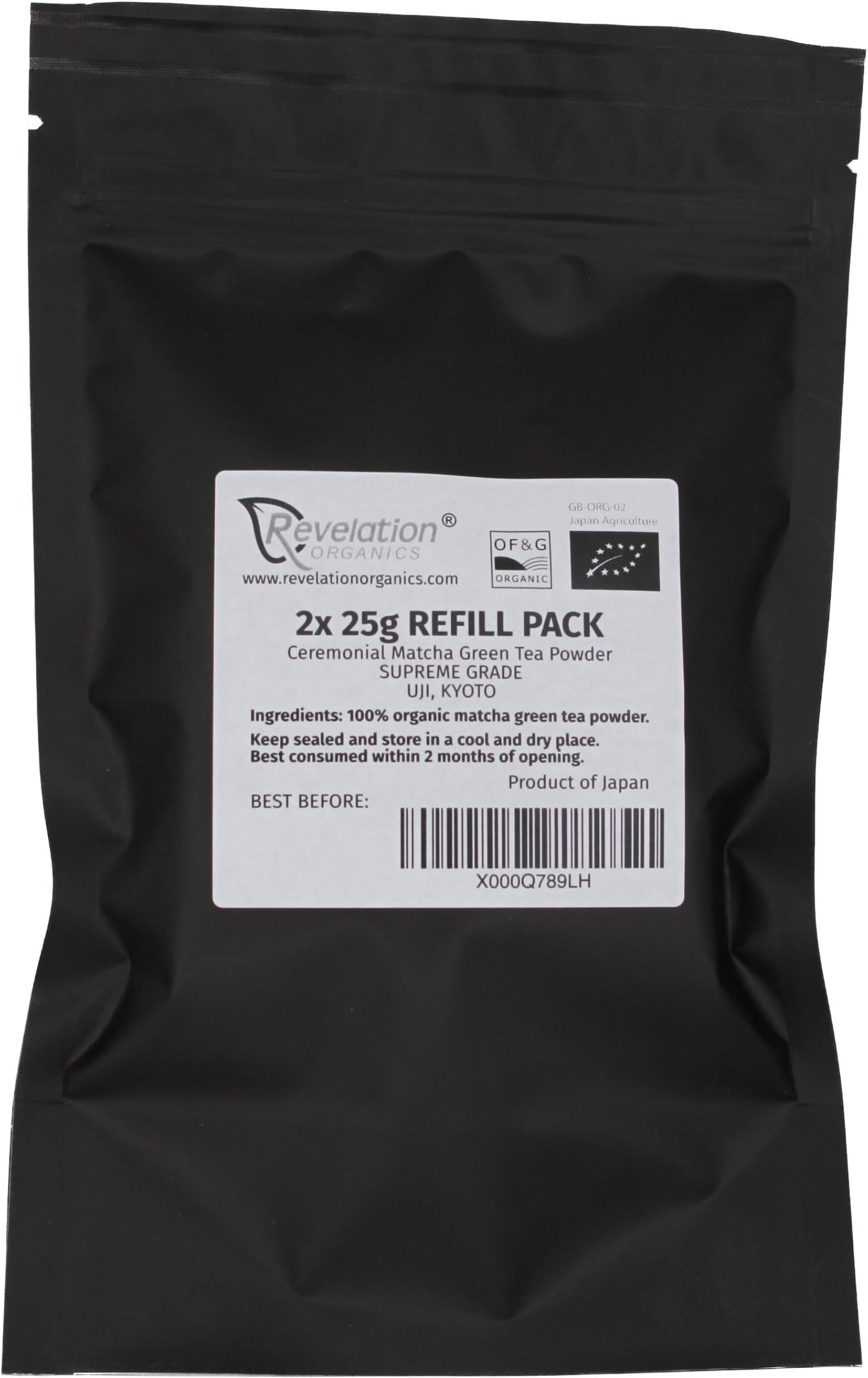 Revelation Organics® Premium Organic Japanese Ceremonial Matcha Green Tea Powder - 2x25g Refill - Direct from Uji, Kyoto, Japan