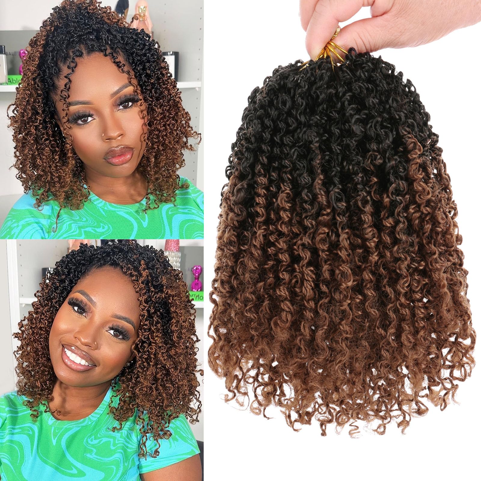 Samtress 8 Packs Pre-looped Yanky Crochet Hair 10 Inch Pre-twisted Mini Curly Twist Crochet Braids Ombre Brown Passion Twist Braiding Hair Bouncy Spring Hair Extensions (#RS30)