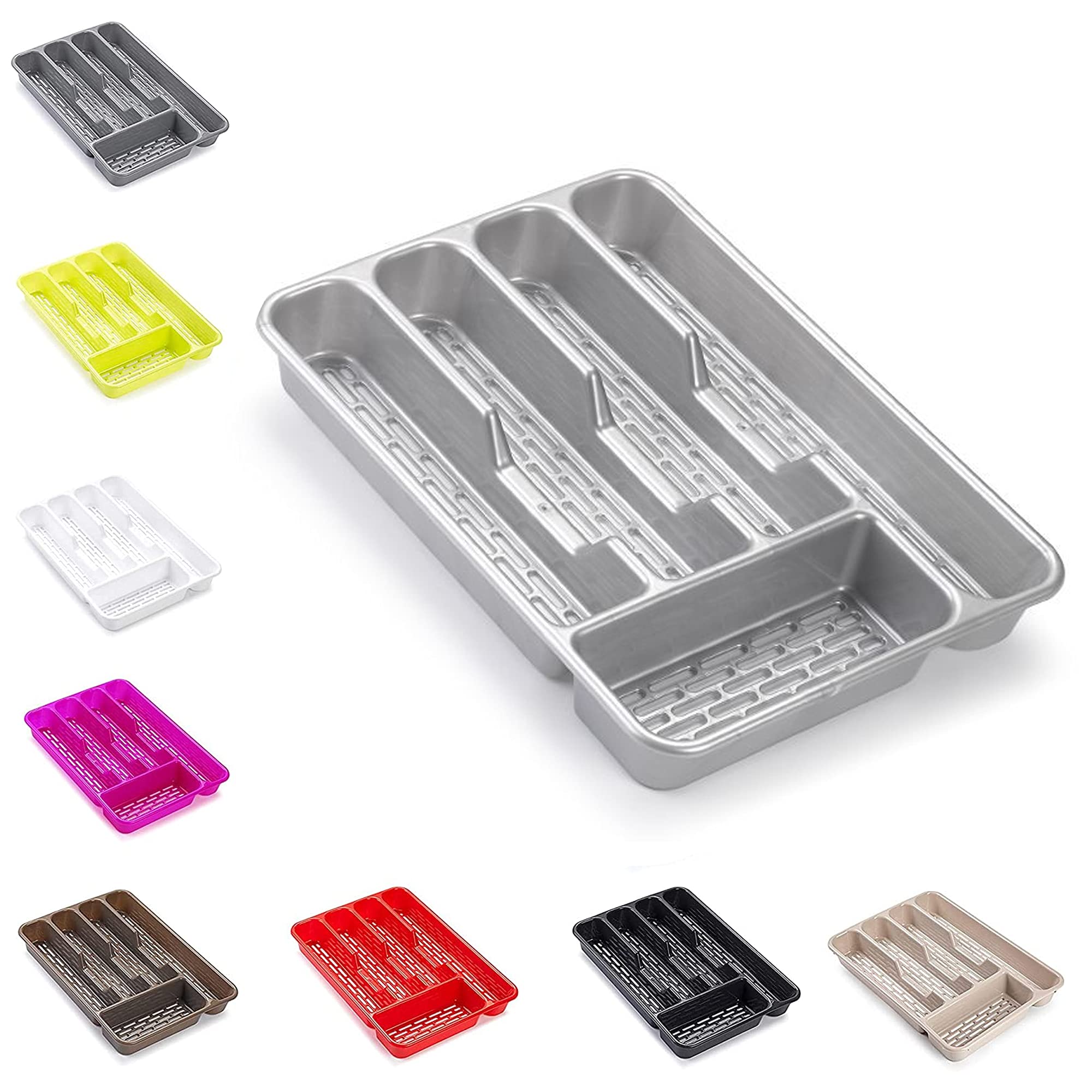 plastific Large CUTLERY TRAY Flatware Organiser Strong Plastic Drawer Sliding Tidy Cutlery Drawer Tray | Kitchen Storage Utensils and Knives Organizer (33 x 24 x 4.3, Silver)