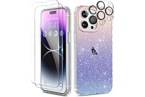 TIESZEN Compatible with iPhone 15 Pro Max Case Glitter Clear, [5 in 1] with 2X Screen Protector + 2X Camera Lens Protector, Cute Bling Military Grade Shockproof Slim Phone Case 6.7 Inch, Gradient