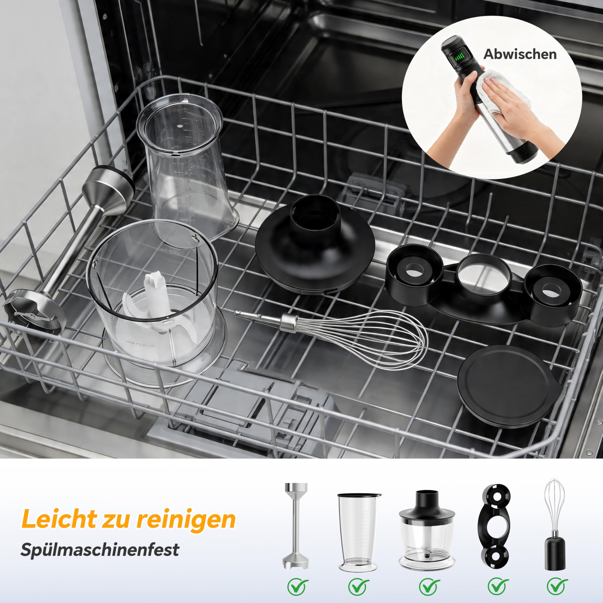 Ribelli Stabmixer Set 5-in-1 leistungsstark mit 1200W – Edelstahl Pürierstab stufenlos, Hand Blender & Mixer Küche inkl. Zerkleinerer, Schneebesen, Messbecher 700ml & Halterung für Suppe & Smoothie 6