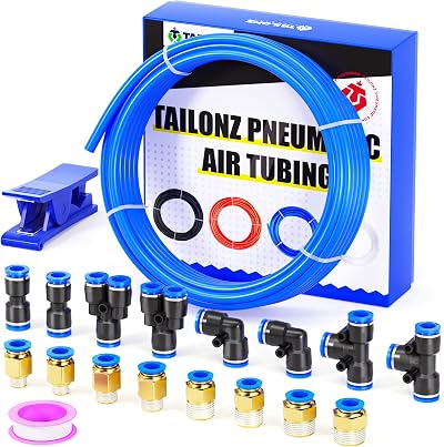 TAILONZ PNEUMATIC Blue PU Air Hose Kit 10M 8mm OD 5mm ID w/ 15 Fittings & Cutter