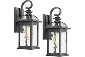 Darkaway Outdoor Lights Fixture Wall Mount, Exterior Wall Light with Water Ripple Glass Waterproof Black Outside Wall Sconce for House Porch Hallway Garage