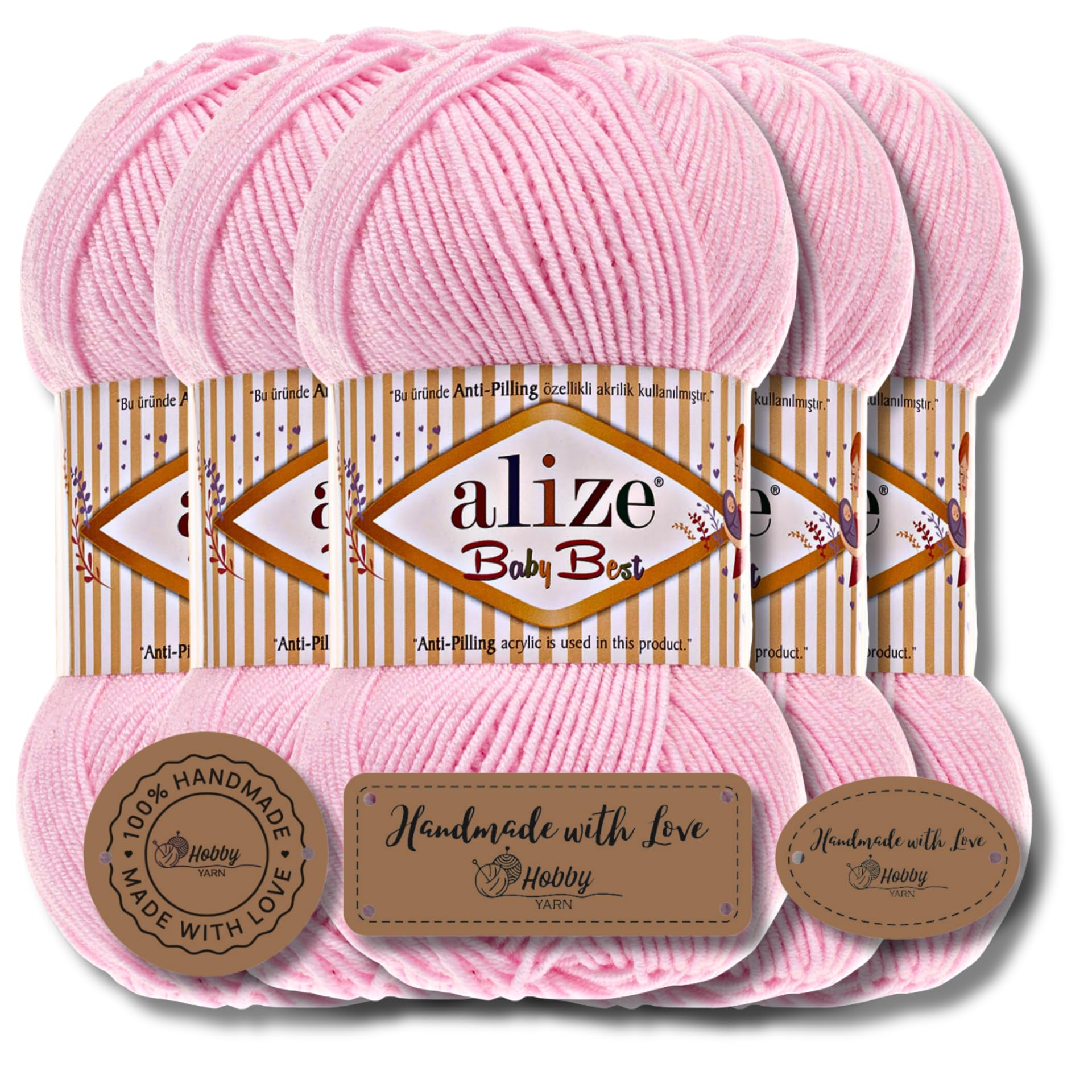 Hobby YARN 3 x Label Label with Alize Baby Best Wool Premium 5 x 100 g as a Set, Antipilling Baby Wool, Acrylic, Plain & Batik Knitting Yarn for Crochet and Knitting (Powder Pink, 185)