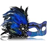 MYSEUNI 2025 New Blue and Black Masquerade Mask for Women with Feathers - Womens Mascarade Venetian Mask for Masquerade Party, Mardi Gras, Halloween Cosplay Prom, Christmas