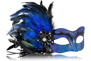 MYSEUNI 2025 New Blue and Black Masquerade Mask for Women with Feathers - Womens Mascarade Venetian Mask for Masquerade Party, Mardi Gras, Halloween Cosplay Prom, Christmas