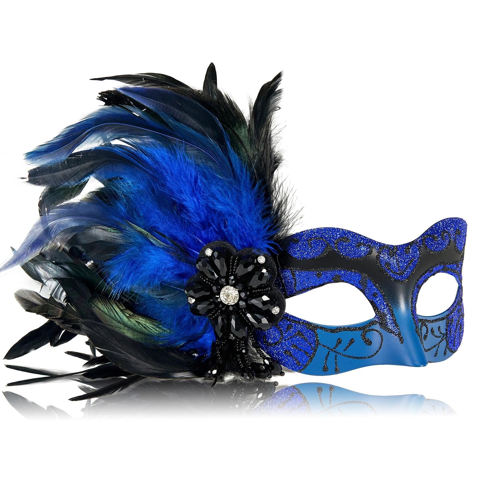 MYSEUNI 2025 New Blue and Black Masquerade Mask for Women with Feathers - Venetian Mask for Masquerade Party, Carnival, Halloween, Cosplay, Prom, Christmas
