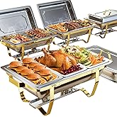 Nessxa Chafing Dishes for Buffet 4 Pack 7pan, 9QT [Elegant Gold and Silver Colors] Stainless Steel Chafing Dish Buffet Set [Sturdy and High Grade] Chafers and Buffet Warmers Sets