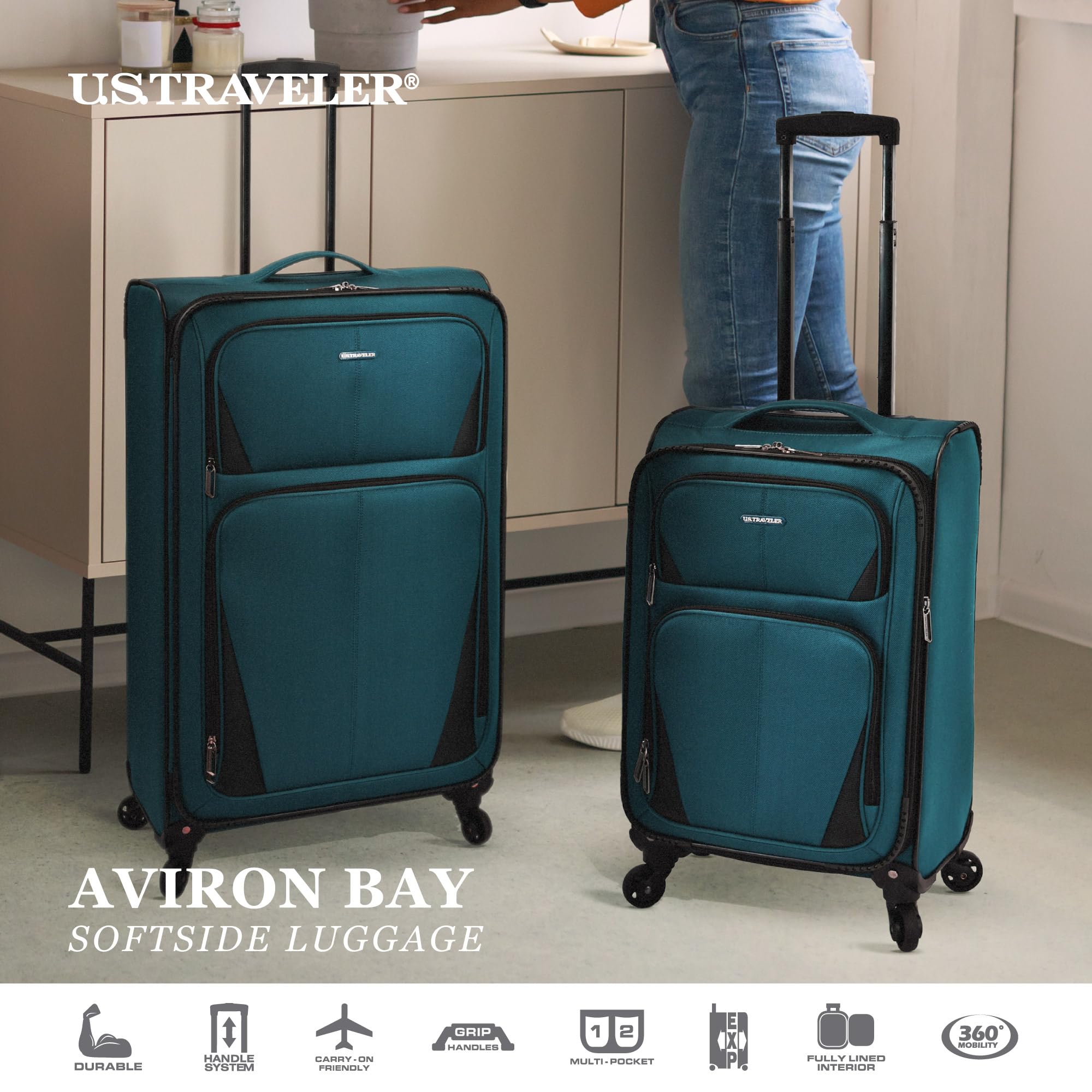 U.S. Traveler Aviron Bay Expandable Softside Luggage with Spinner Wheels, Black, 30-Inch