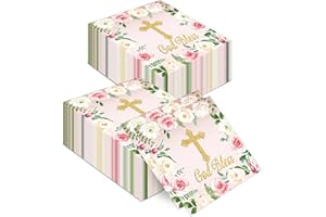 First Holy Communion Napkins with Gold Cross Pink White Floral Design with Gold and Green Leaves God Bless Script, Religious 