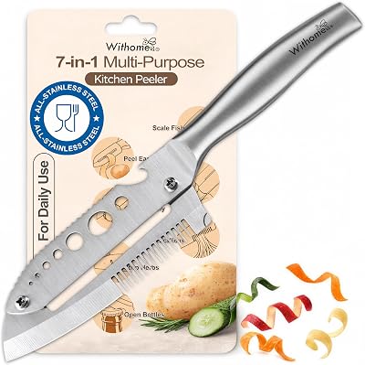 Pelapatate e Pelaverdure 7 in 1 in Acciaio Inox per Cucina, Pela Patate e Verdure con Spelafoglie per Erbe, Squamatore per Pesce, Solleva-Coperchio, Apribottiglie, Destrimani