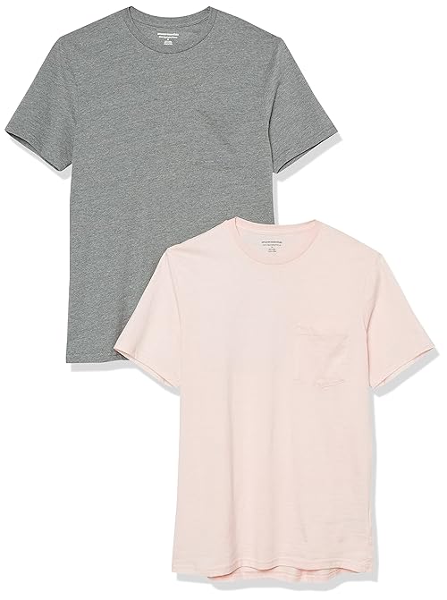 Amazon Essentials Men's T-Shirts, Short-Sleeve Crewneck Pocket, Cotton, 2-Pack, Small, Grey Heather/Pale Pink