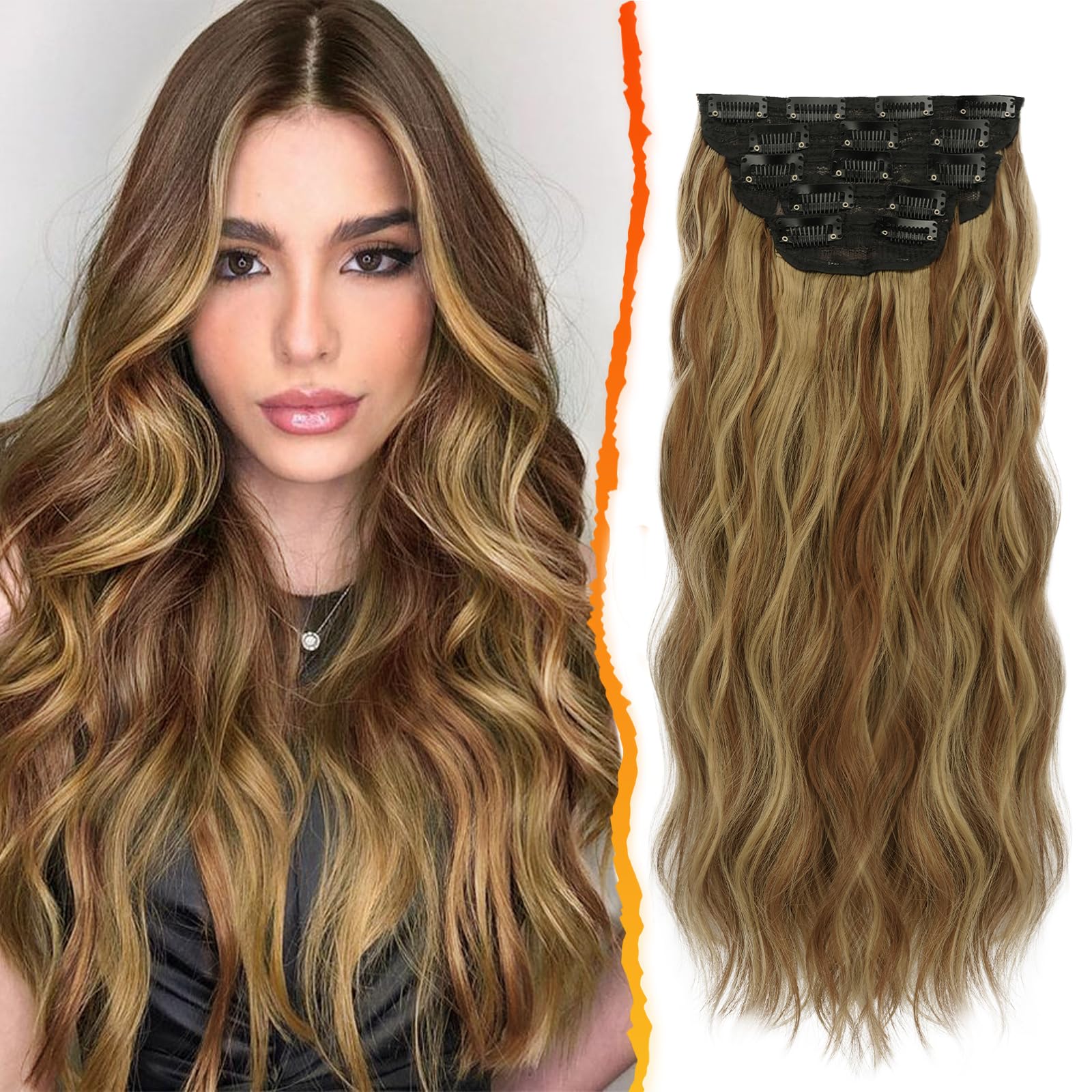 BARSDAR Clip in Hair Extensions, 5PCS Long Wavy Brown Balayage Clip in Hair Extensions Natural Thick Soft Synthetic Hairpiece for Women & Girls -18", Toffee Brown With Golden Blonde Highlights — image 1