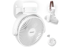 HonHey Portable Wall Mount Fan, 4000 mAh Oscillating Battery Operated Fan with Remote and LED Light, 3 Speeds, 4-10 Working Hours Timer Function, 7 Inch Outdoor Ceiling Fan for Garage Bedroom Gym RV