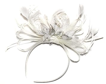 White And Silver Net Hoop Feather Hair Fascinator Headband Wedding