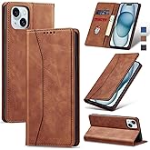 Jasonyu Flip Wallet Case for iPhone 15,Leather Magnetic Folio Cover with Card Holder,Kickstand - TPU Shockproof Durable Protective Phone Case,Brown