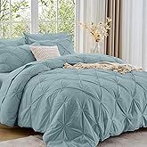 Sasttie Queen Comforter Set, 7-Piece Bed in a Bag, Pintuck Bedding Sets for All Season, Includes Comforter, Flat Sheet, Fitted Sheet, Pillowcases and Pillowshams, Greylish Blue