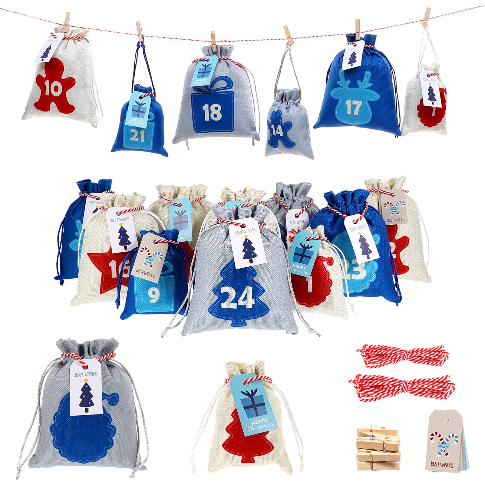 Cabilock 24 Days Burlap Hanging Advent Calendars, Advent Calendar Fill Your Own, Christmas Countdown Bags, for Advent Calendar Gifts and DIY Crafts, Advent Calendar Fill Your Own
