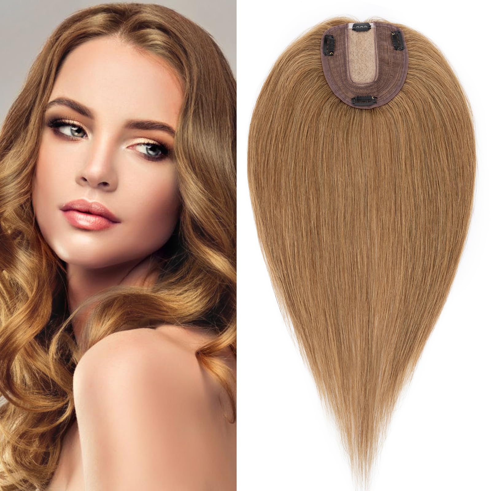 S-noilite Human Hair Toppers for Thinning Hair Women Real Hair Topper Hair Piece Clip in Toupee 100% Remy Real Human Hair 57g（#6 Light Brown, 18 Inch）