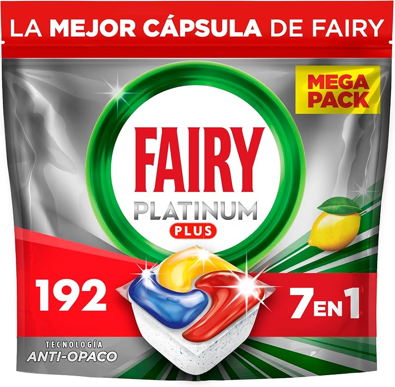 Fairy Platinum Plus Limão All In One Cápsulas de Máquina de Lavar Louça, 192 Cápsulas, Nossa Melhor Limpeza Que Deixa Pratos Como Novos, Elimina o Embotamento E Previne Calcário