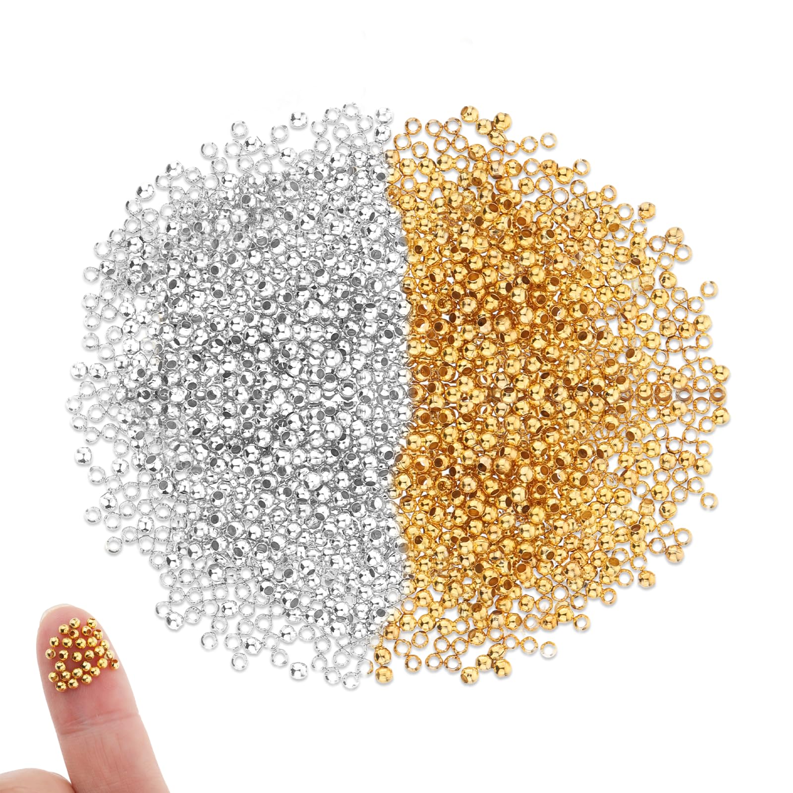 4000 Pieces 2mm Metal Round Crimp Beads for Jewelry Making, Smooth Crimping Beads, Silver and Gold for Bracelets