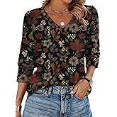 XIEERDUO Womens 3/4 Sleeve Tops with Buttons V-Neck Summer Outfits Casual Blouses Shirts Beach Vacation Fall Clothes 2025