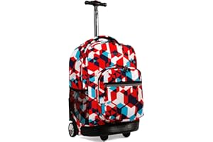 J World New York Sunrise Kids Rolling Backpack for Girls Boys Teen. Roller Bookbag with Wheels, Red Cubes, 18"
