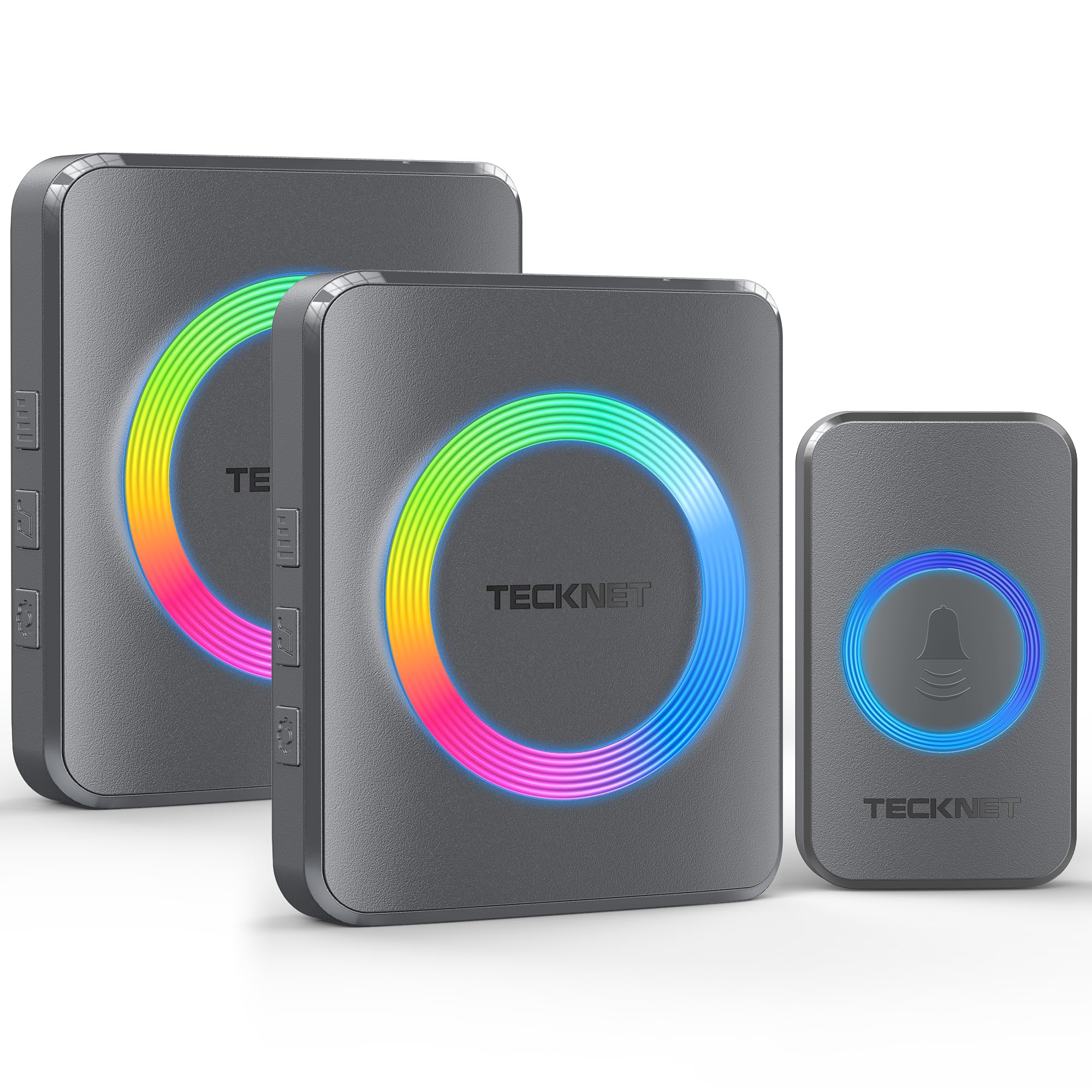 TECKNET Wireless Doorbell, Doorbell IP65 Waterproof Twin Wall Plug-in Cordless Door Chime Kit with 600m Range, 60 Chimes, 120dB Loud 5-Level Volume & RGB Light, Plug in Door Entry Bell