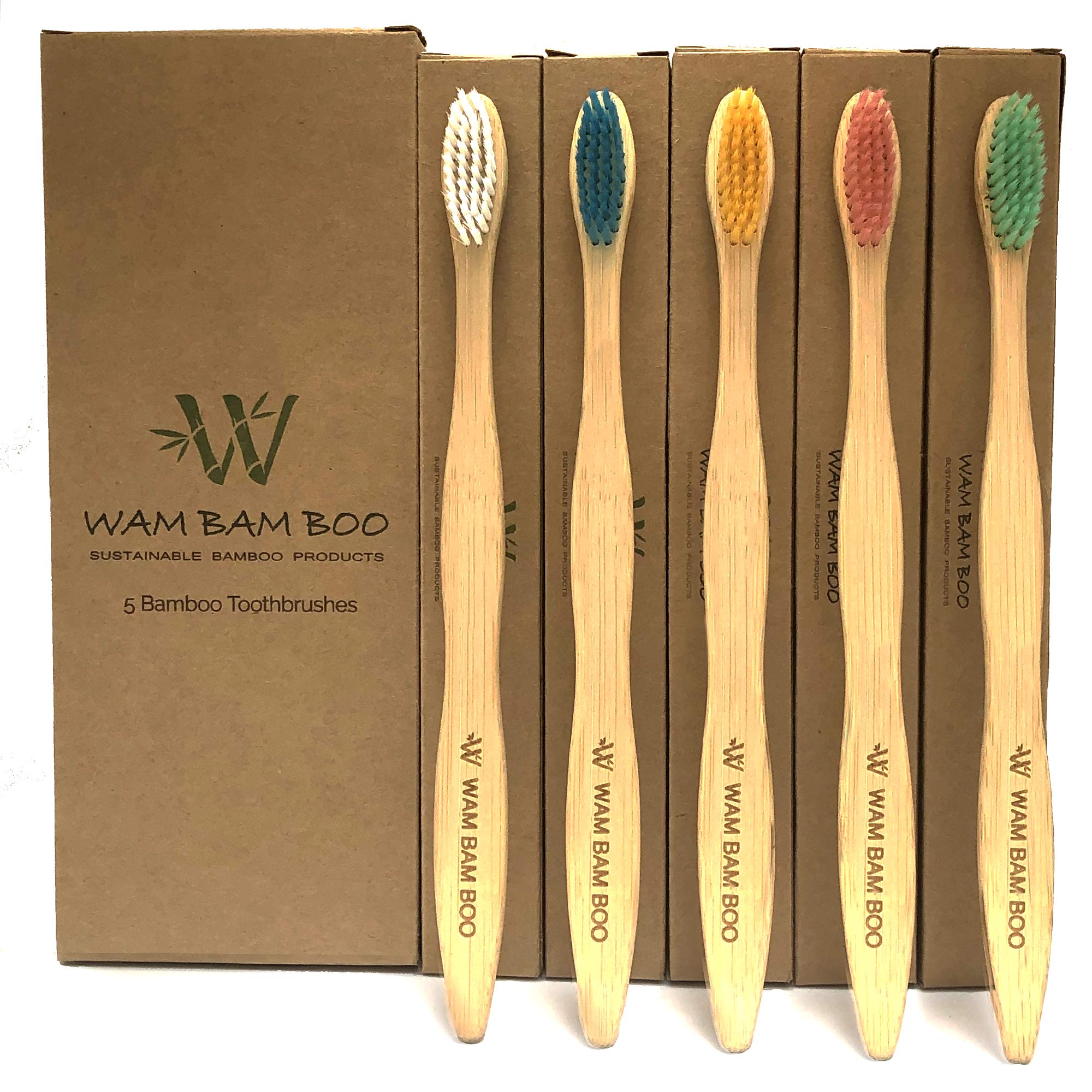 Bamboo Toothbrushes, Natural Wooden Toothbrush, WAM BAM BOO, Family Pack of 5 Toothbrushes, ECO Friendly Products, Vegan Friendly, Soft to Medium Bristles