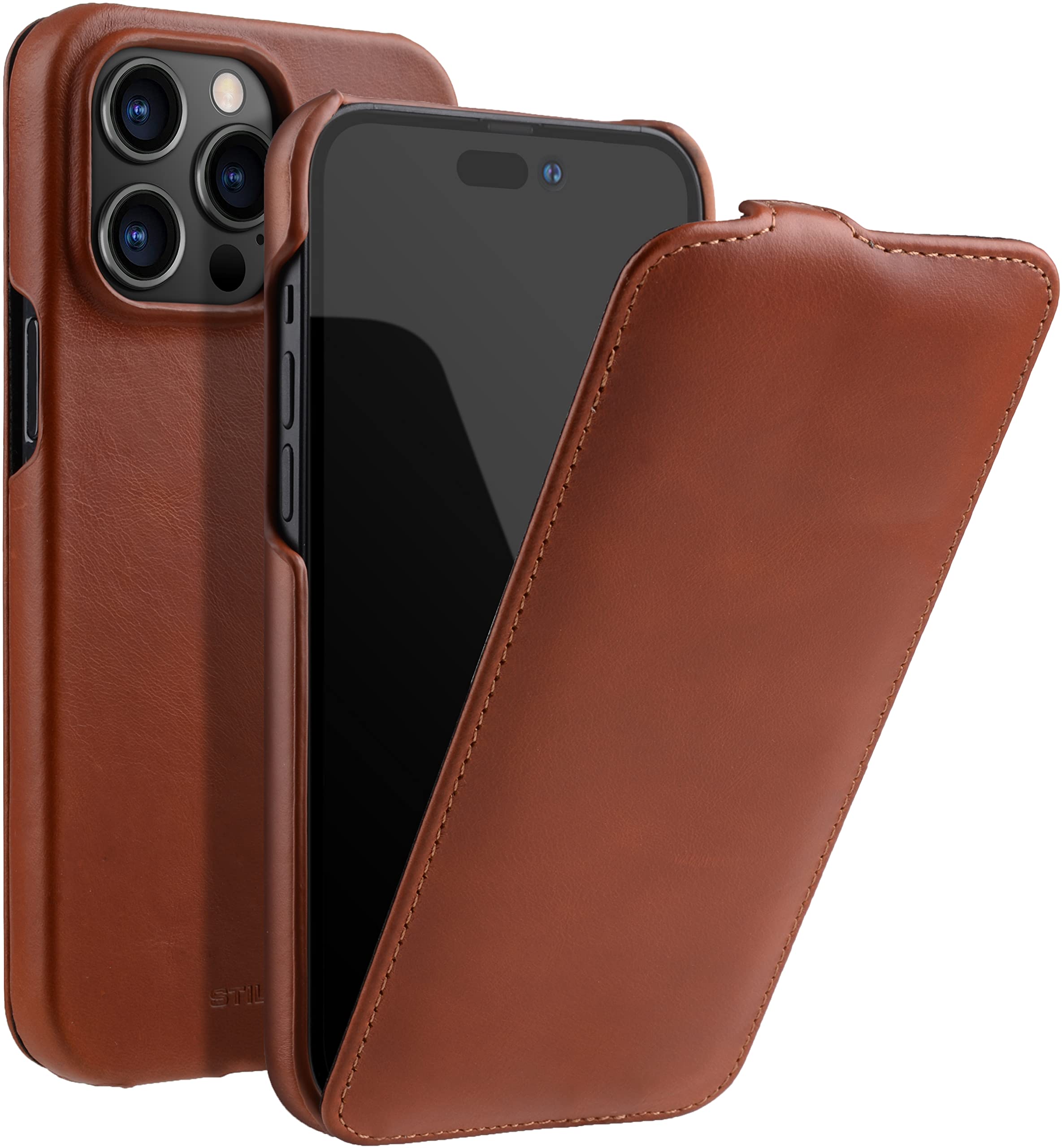 STILGUT UltraSlim Compatible with iPhone 14 Plus (6.7 Inch) Case - iPhone 14 Plus Leather Flip Case, Mobile Phone Case, Leather Case - Cognac