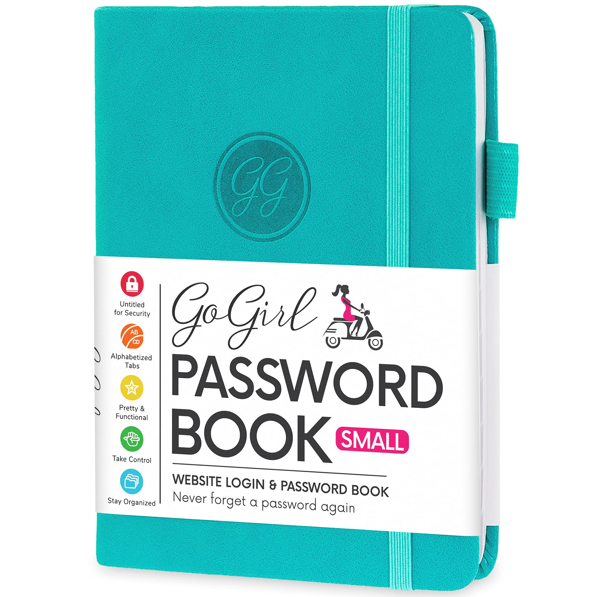 GoGirl Password Book with Alphabetical tabs – Internet Address & Password Keeper Logbook for Password Organization, Journal Notebook for Saving Website Logins. Small Size 11 x 14.5cm - Turquoise