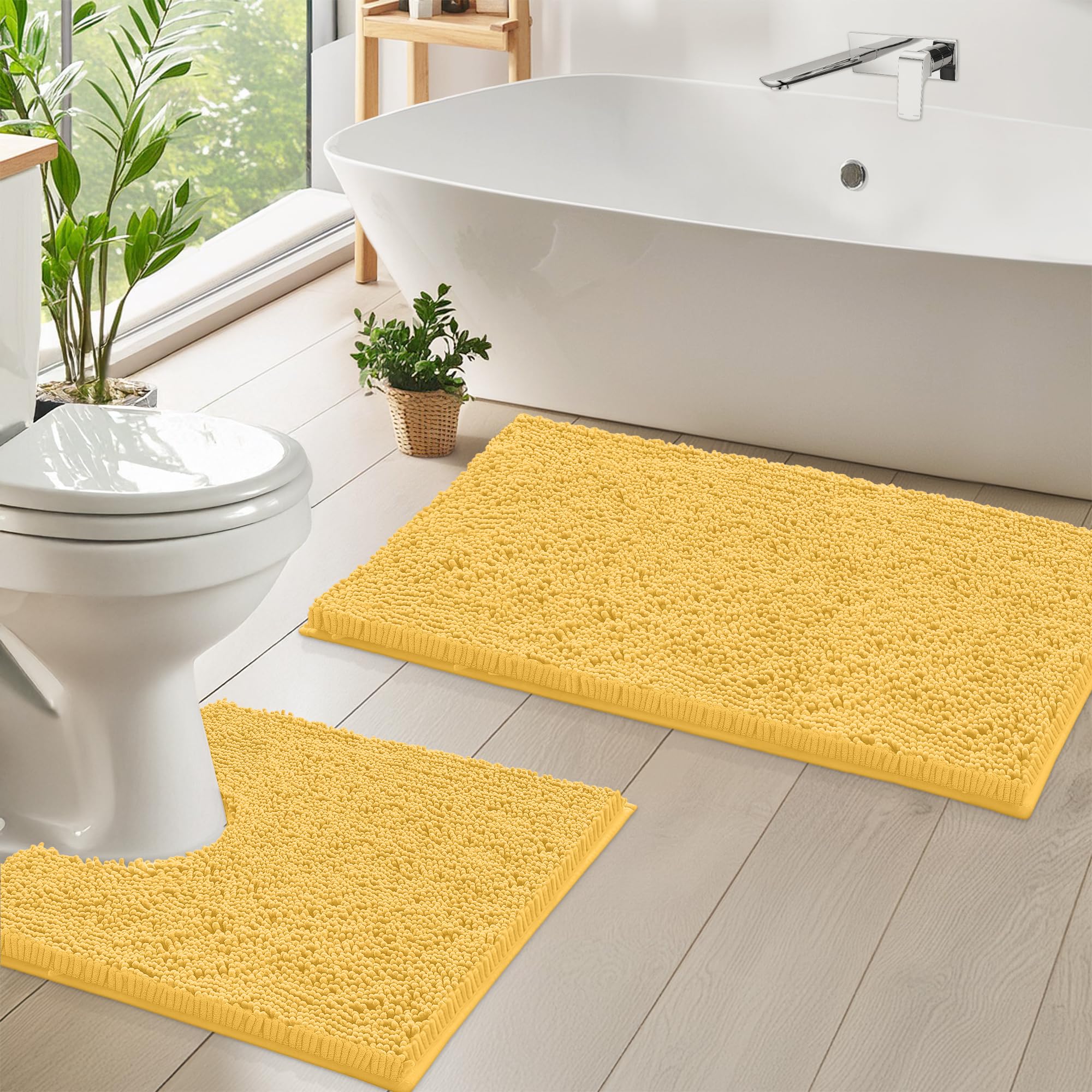 LuxUrux Bath Mat, Luxury Chenille (2-Piece) Bath Mat Set, Soft Plush Anti-Slip Bath Rug + Toilet Mat.1'' Microfiber Shaggy Carpet, Super Absorbent (Curved Set, Yellow)