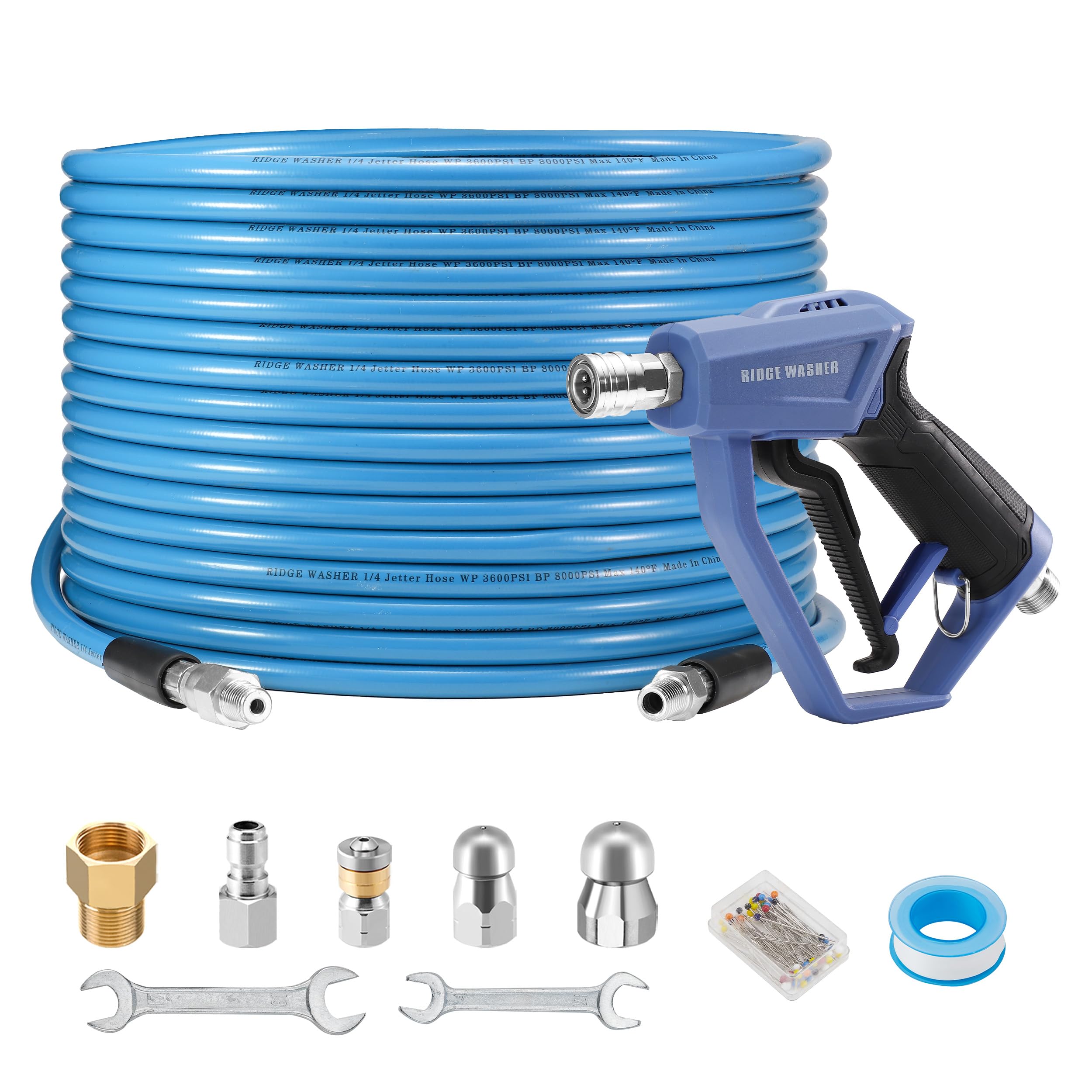 Photo 1 of RIDGE WASHER Sewer Jetter Kit for Pressure Washer 100FT, 3600 PSI Drain Cleaning Hose with Short Pressure Washer Gun, 1/4 Inch NPT Corner, Rotating and Button Nose Sewer Jetting Nozzle