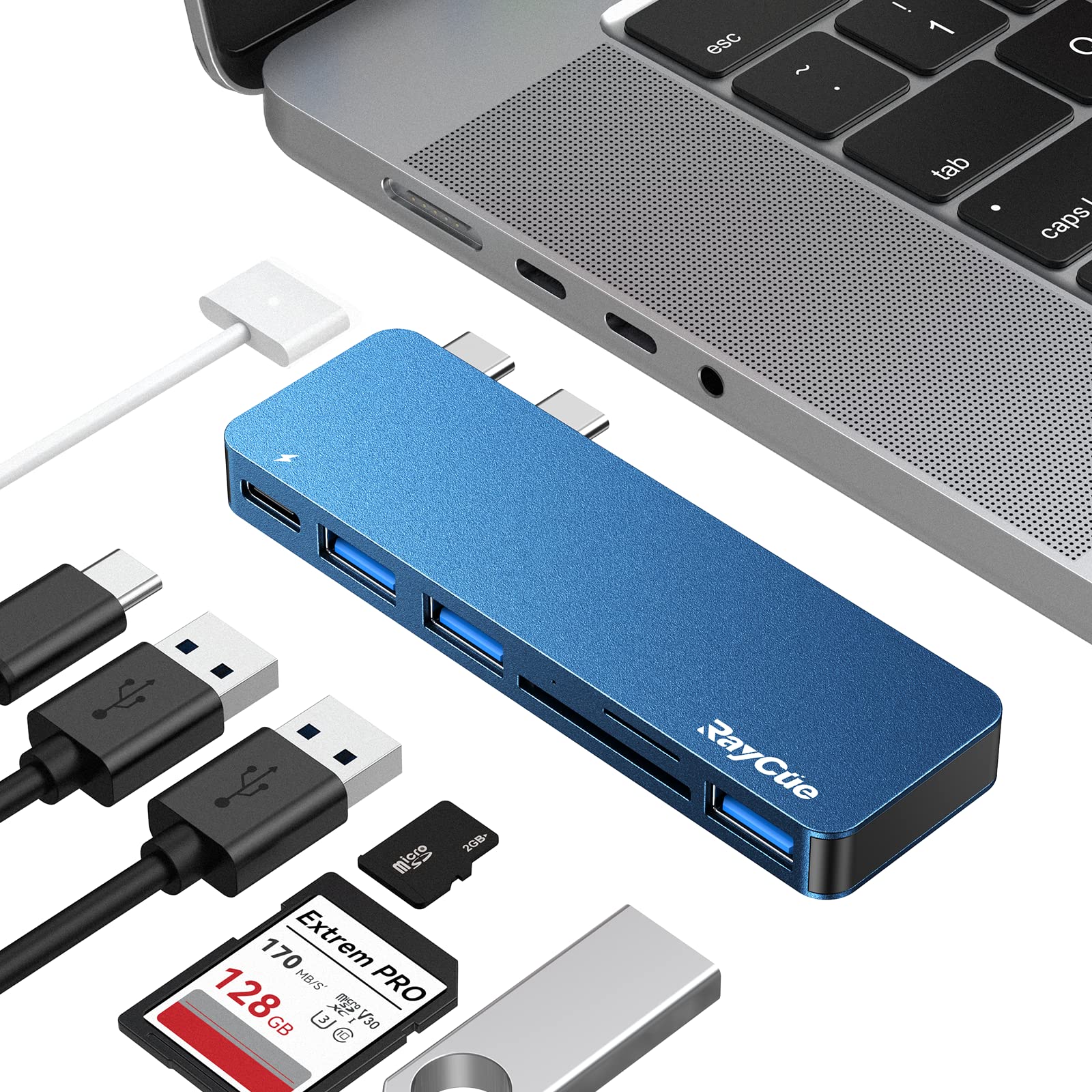 RayCue USB-C Adapter for MacBook Pro/Air - 3 USB 3.0 Ports, Card Reader, Thunderbolt 3 PD Port & MagSafe 3 Charging Support